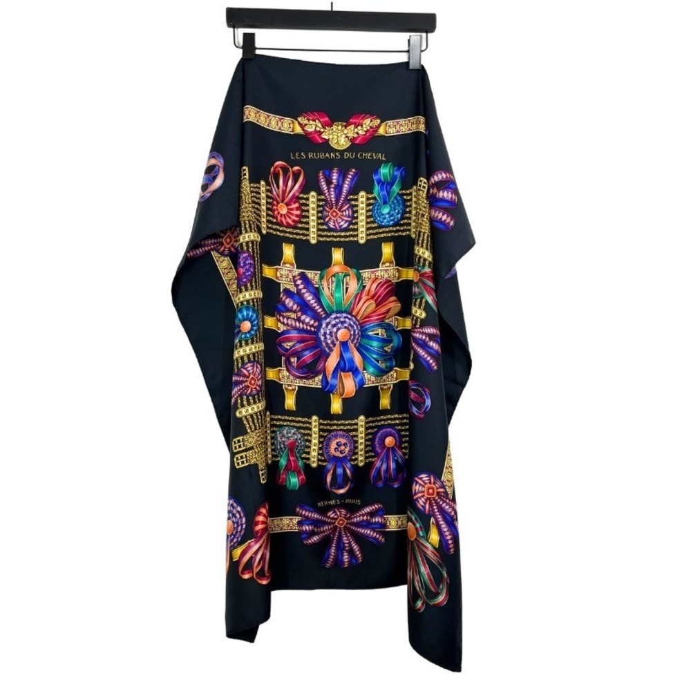 Hermès Les Rubans Du‎ Cheval Silk Scarf Shawl Black Multicolor 35" Square France